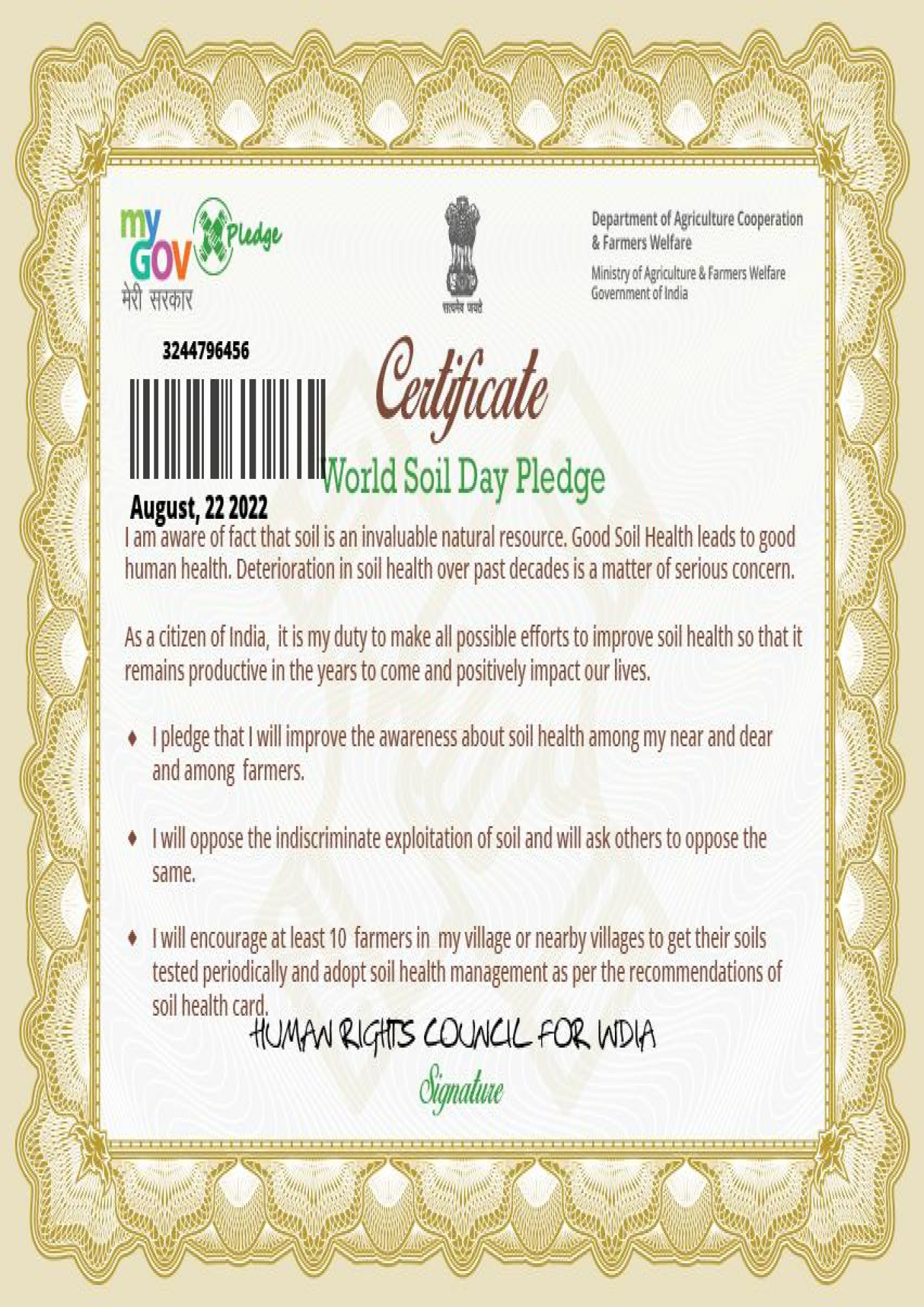 Certificate for World sole Day Pledge